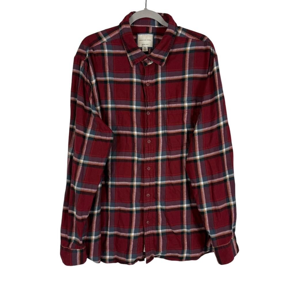 American Eagle Plaid Super Soft Flannel Shirt Men's XXL Maroon Gray Button Up
